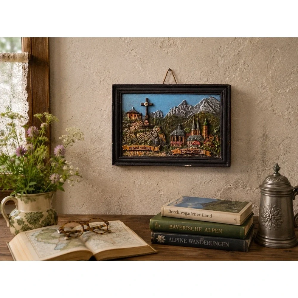 Vintage German 3D Wax‎ Wall Plaque Berchtesgaden Kehlsteinhaus Alps 11x8 Decor